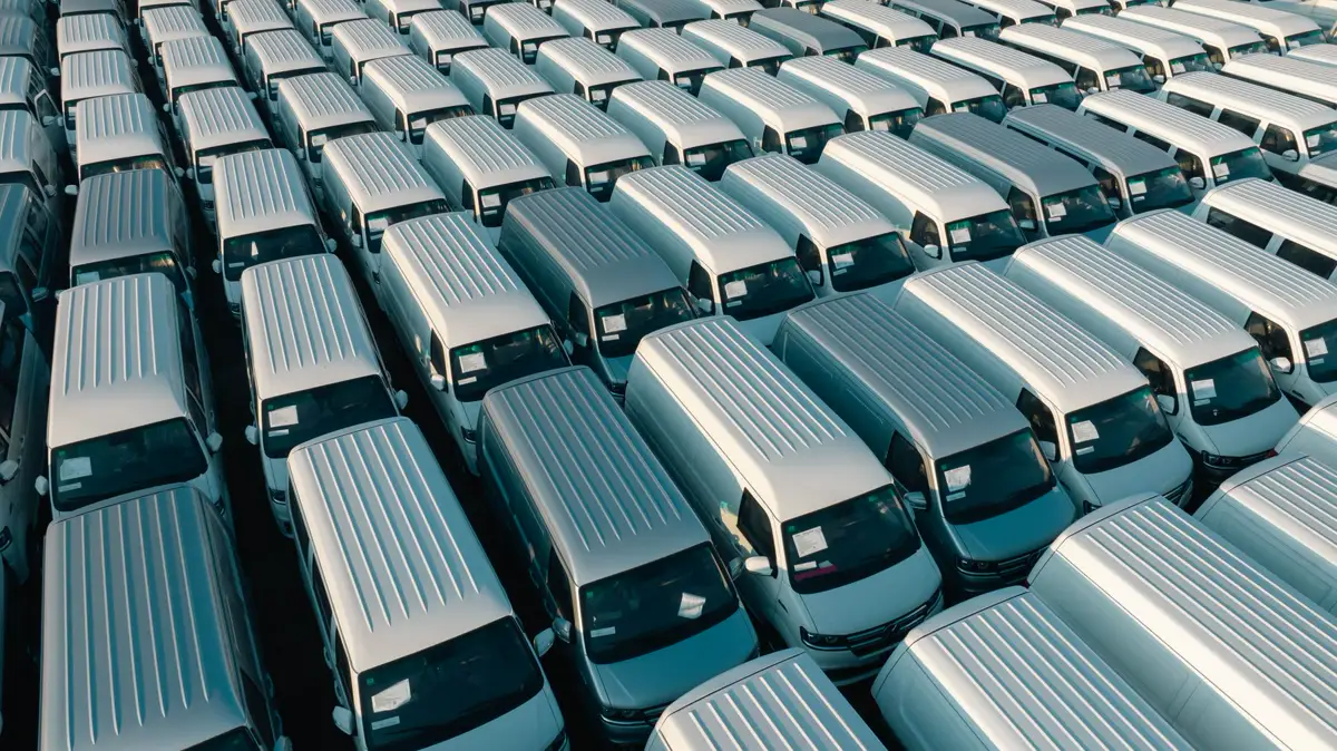 Rows of white vans parked in a lot, seen from above